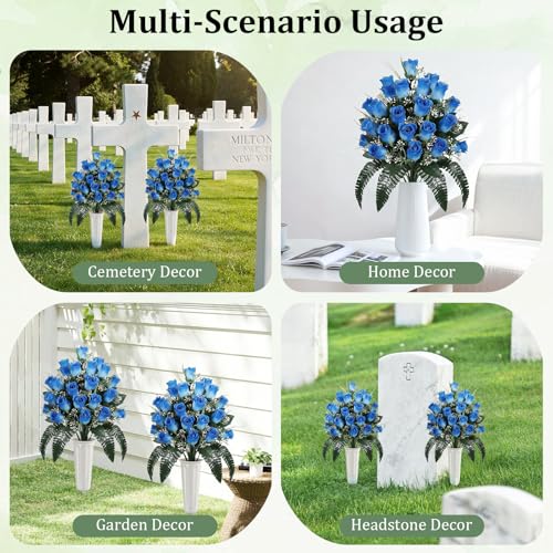 Lewondr Artificial Cemetery Flowers with Vase for Grave, Blue Roses, 2 Pack - color: Blue