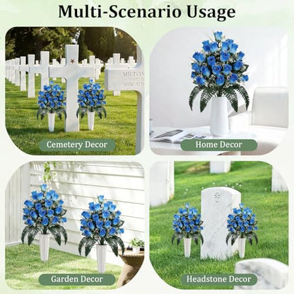 Lewondr Artificial Cemetery Flowers with Vase for Grave, Blue Roses, 2 Pack - color: Blue