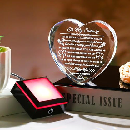Arikyrist Sister Gifts from Sister Brother with Colorful LED Base Birthday Gifts Idea for Sisters Crystal Heart Keepsake Sisters Gift for Women for Christmas Mother's Day Valentines - style: Sister Gifts + Light Base
