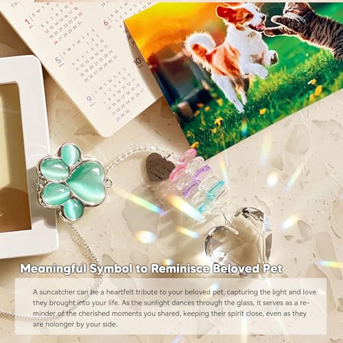 Dog Memorial Gifts, Pet Memorial Suncatcher, Loss of Dog Sympathy Gift | Thoughtful Dogs and Cats Bereavement Remembrance Gifts, Natural Cat's Eye Stone Paw Crystal Suncatcher - color: Jade