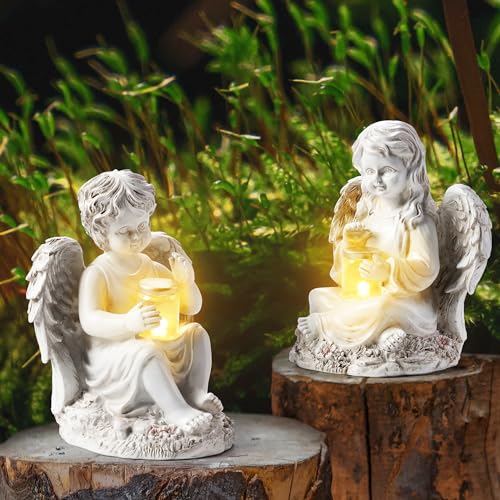 2 Pack Outdoor Angel Statue Garden Decor, Classic Solar Angel Figurine Decoration for Yard Art Indoor Porch Home Lawn Outside Light up Cherub Sculpture Guardian Wings Angel Memorial Gifts Christmas - color: Angel Boy and Girl