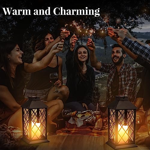 2 Pack Solar Hollow Lanterns Outdoor, Waterproof Patio Hanging Lanterns with LED Flickering Flameless Candle Lights, Decorative Solar Lantern for Porch, Garden, Patio, Yard, Table