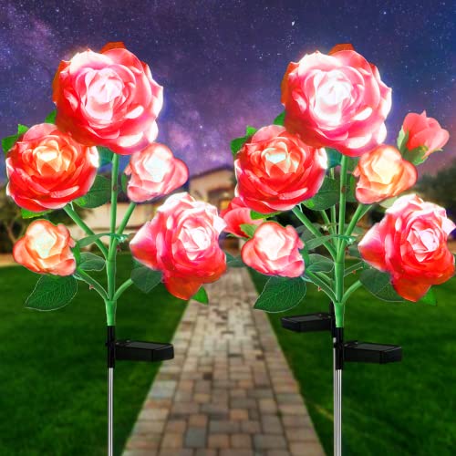 10 LED 7-Color Changing Solar Rose Flower Lights Garden Decorations Outdoor Waterproof Decorative Stake Lights for Patio Pathway Yard Lawn Decor(2 PCS Red) - color: Red