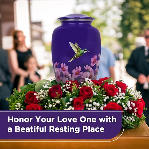 Cremation Urn for Human Ashes Adult Male Female – Large 200 lb Capacity Hummingbird Funeral Urn by ITEMANDCO, Handcrafted Aluminum Memorial Burial Urn, Purple - color: Purple