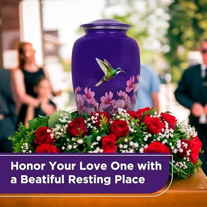 Cremation Urn for Human Ashes Adult Male Female – Large 200 lb Capacity Hummingbird Funeral Urn by ITEMANDCO, Handcrafted Aluminum Memorial Burial Urn, Purple - color: Purple