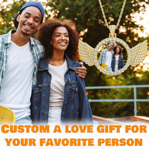 HJX Custom Circle Chain with Wings, Memorial Picture Necklace for Men Womem - color: Gold、Silver