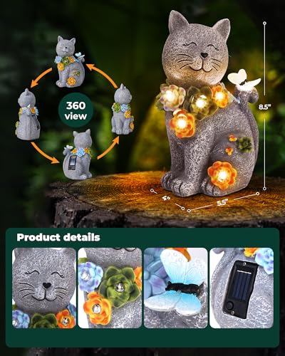 Vuees Solar Garden Statues Outdoor Decor, 6 LED Cat Flowers Butterfly Figurine Lights, Waterproof for Balcony Patio Porch Lawn Yard Ornament Art - Gift Ideas for Housewarming Gardening Grandma Women - style: Cat & Flowers