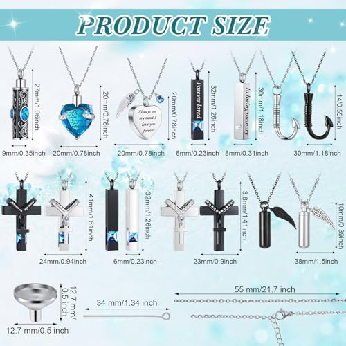 Huquary 16 Pcs Urn Necklace for Ashes Waterproof Stainless Steel Carved Ashes Locket with 8 Filling Kit Heart Cylinder Cross Cubic Fish Hook Jewelry for Ashes with Wing Diamond for Men Women - color: Light Blue