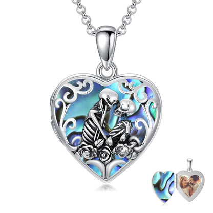Personalized Heart Locket Necklace That Holds Pictures 925 Sterling Silver Custom Photo Lockets Necklaces Jewelry Gifts for Family Women Lover - color: Skull-Abalone shell, style: Locket Only