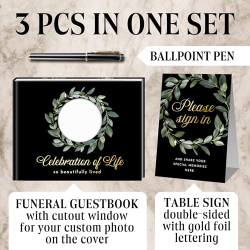 Premium Quality Gold Stamping Matt Hard Cover Funeral Guest Book, Celebration of Life Guest Book 96 Pages 120GSM Quality Paper W/Photo Cut Out, Table Sign and Elegant Black Pen Included