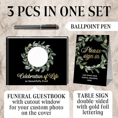 Premium Quality Gold Stamping Matt Hard Cover Funeral Guest Book, Celebration of Life Guest Book 96 Pages 120GSM Quality Paper W/Photo Cut Out, Table Sign and Elegant Black Pen Included