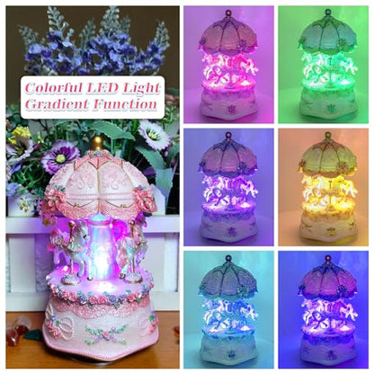 Carousel Music Box,Luxury Color Change LED Light ,Luminous Rotating 3-horse | Luminous Music Box, musical box with Gift Box for Girls Birthday Valentine Gift (Castle in the Sky, Pink) - color: Pink, style: Castle in the Sky