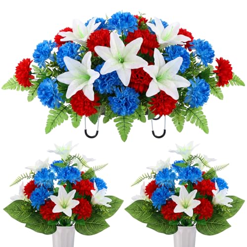 Canlierr 3 Pcs Artificial Cemetery Flower Saddles for Headstone Cemetery Memorial Mums Lilies Flowers with Vase & Grave Headstone Decorations Outdoor Artificial Bouquet for Gravesite (Calm Color) - color: Calm Color