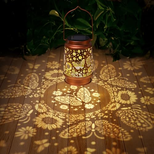 2 Pack Butterfly Solar Lanterns Outdoor Waterproof Sunflower Garden Decor Birthday Gifts for Women Mom Grandma Hanging Solar Lights Metal Lantern Decoration Outside for Porch,Patio,Yard,Backyard - style: M. 2 Pack Butterfly Lantern