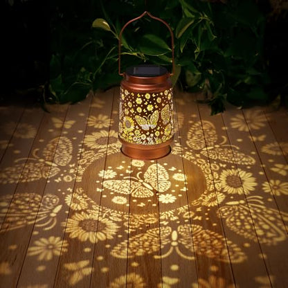 2 Pack Butterfly Solar Lanterns Outdoor Waterproof Sunflower Garden Decor Birthday Gifts for Women Mom Grandma Hanging Solar Lights Metal Lantern Decoration Outside for Porch,Patio,Yard,Backyard - style: M. 2 Pack Butterfly Lantern
