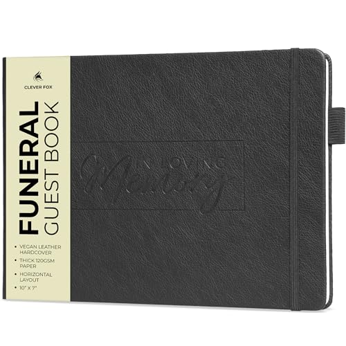 Clever Fox Funeral Guest Book for Memorial Service w/Address, Black | 10x7 in, 120 pages, Eco leather hardcover, Personalized celebration of life guestbook, Memory book & condolence register - color: Black