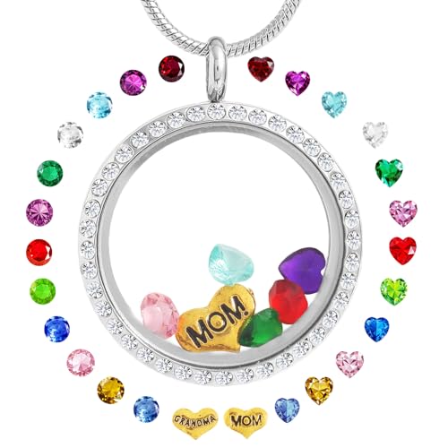 Floating Locket Necklace for Mom Grandma Birthstone Necklace for Women - color: Silver