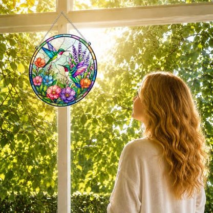 Hummingbirds with Flowers Memorial Suncatcher, 8" Christian Stained Glass Wavy Acrylic, Sympathy Gift for Loss of Loved One, Mom, Dad, Grandma, Family Members, Religious Gifts for Women - color: Hummingbird Round