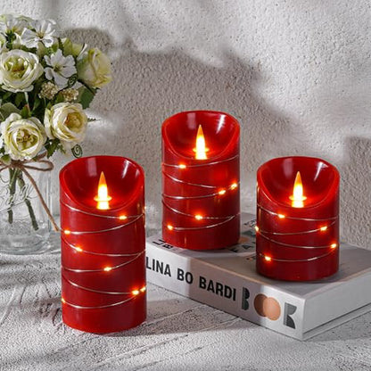 Rechargeable LED Candles, Real Wax, 4 5 6 in,Red, 3 Pack | USB Rechargeable Real Wax Candles with Remote, Timer and Star Lights - color: Red