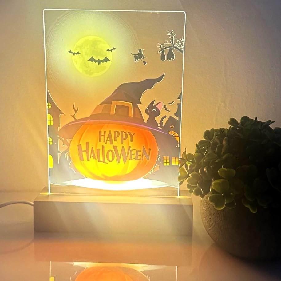 MIRROR MANIA Happy Halloween Pumpkin Wood Base LED Night Light - Custom Gift for Mom, Dad, Brother, Friend, Sister, Nursery, Kid's Room Decor, Holiday Party, Halloween Home Decor, Made in America