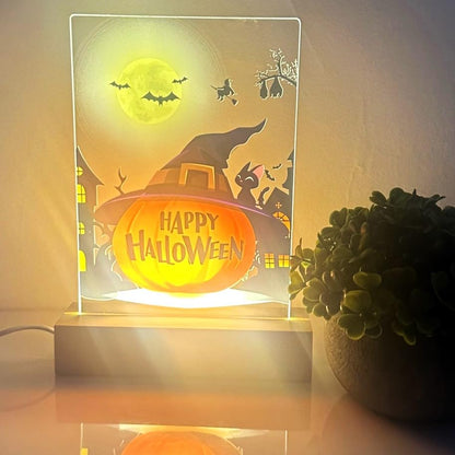 MIRROR MANIA Happy Halloween Pumpkin Wood Base LED Night Light - Custom Gift for Mom, Dad, Brother, Friend, Sister, Nursery, Kid's Room Decor, Holiday Party, Halloween Home Decor, Made in America