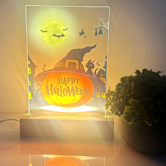 MIRROR MANIA Happy Halloween Pumpkin Wood Base LED Night Light - Custom Gift for Mom, Dad, Brother, Friend, Sister, Nursery, Kid's Room Decor, Holiday Party, Halloween Home Decor, Made in America