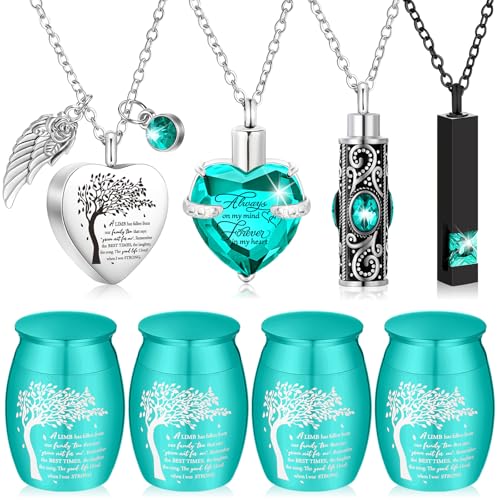 Shimeyao Set of 8 Small Urns for Human Ashes Cremation Urns Keepsake Ash Holders Family Tree Memorial Heart Locket Waterproof for Adults Women Men Loved Ones(Teal Blue) - color: Teal Blue