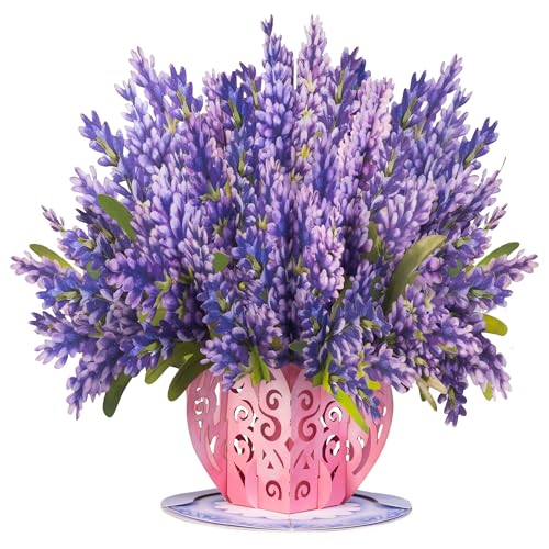 Paper Love 3D Flower Bouquet Pop Up Mother's Day Card, with Lavender Forever Flowers Keepsake, Gift for Mothers Day, Birthday, Graduation, Get Well, Thank You, All Occasion - Oversized 10" x 7" Cards - Includes Envelope And Note - color: Lavender Flower B