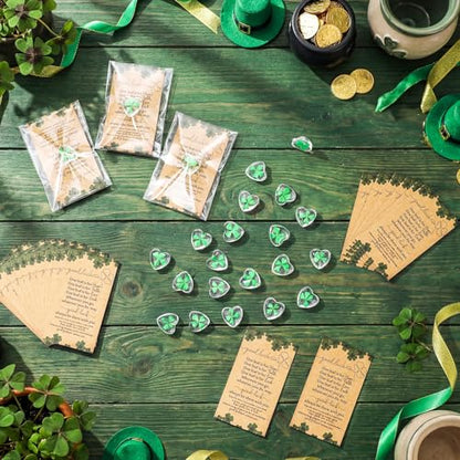 50 Sets Leaf Glass Token, Good Luck Charms Bulk with Irish Greeting Cards & Bags, Heart-shaped Leaf Keepsakes for Family Employee Friends Coworkers Holiday Gifts - style: Four-leaf Clover