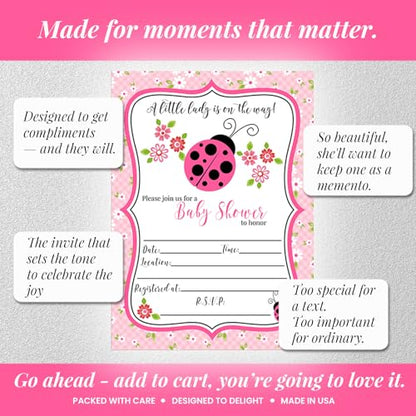 Amanda Creation Ladybug Baby Shower Invitations, 20 Fill-In 5x7 Love Bug Baby Shower Invitation Double-Sided Pink Ladybug Theme Invite Cards with White Envelopes - style: Pink Ladybug