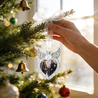 Angel Wing Heart Hanging Picture Frame 2.5x2.5 Memorial Metal Photo Ornament “Always in My Heart” Keepsake (Silver)