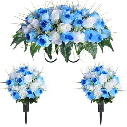 3 PCS Artificial Cemetery Flowers for Grave, Headstone Flower Saddle - color: Blue and White
