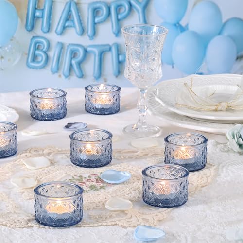 24 Pack Blue Tealight Candle Holders, Glass Votive Candle Holders Bulk - color: Blue