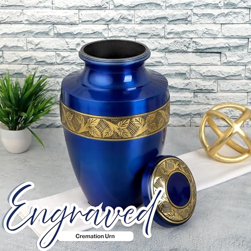 Cremation Urn for Human Ashes, Persian Blue & Gold - color: Persian Blue Gold, size: Hand-Etched Leaf - 7x11"