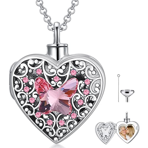 Dorunmo Personalized Heart Urn Locket Necklace for Ashes and Pictures 925 Sterling Silver Customized Locket Memorial Keepsake Cremation Jewelry for Ashes for Women Men Keep Someone Near to You - color: Pink Butterfly, style: No Personalization