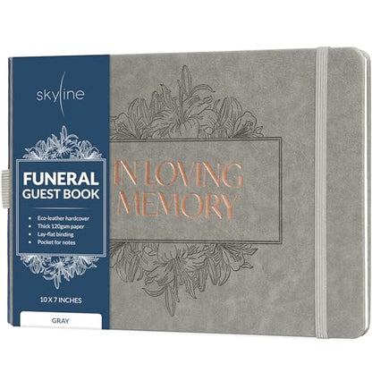 Skyline Funeral Guest Book, Memorial Service Sign-In, Gray | 10x7 in, 610 entries, Eco leather hardcover, Personalized celebration of life guestbook, Memory book & condolence register - color: Gray