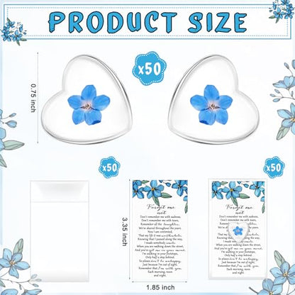 50 Sets Forget-me-not Flower Gift Set, Heart-shaped Dried Pressed Flower Keepsakes with Sympathy Cards and Bags, Memorial Remembrance Tokens for Funeral, Wedding, Baptism Ornament Favors - style: Forget-me-not Flower