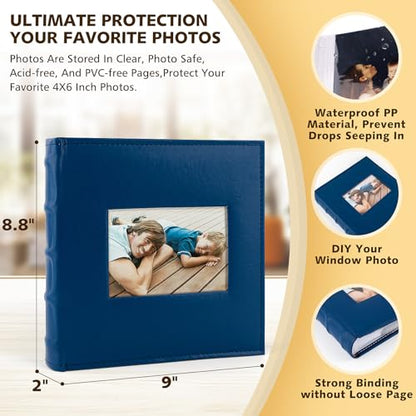 Photo Album Hold 200 4x6 Photos with Front Window for DIY (Blue) - color: Dark Blue