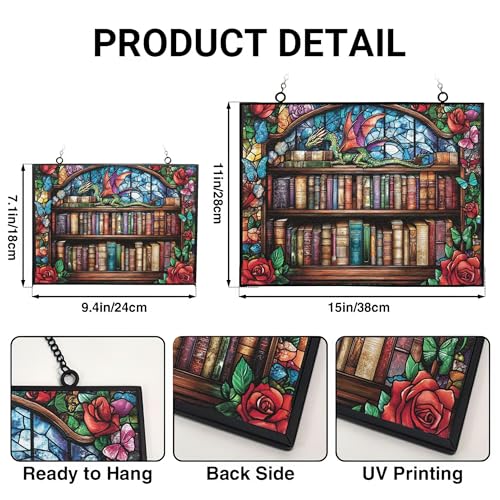 Customized Rectangle Whimsical Dragon On Bookshelves Stained Glass Suncatcher Stained Glass Window Hangings Birthday Gift for Mom Grandma Teacher Women Friend Christmas - color: Whimsical Dragon on Bookshelves 2, size: 9.4x7.1 IN
