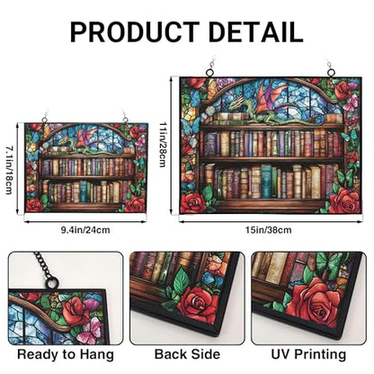 Rectangle Whimsical Dragon On Bookshelves Stained Glass Suncatcher Stained Glass Window Hangings Birthday Gift for Mom Grandma Teacher Women Friend Christmas - color: Whimsical Dragon on Bookshelves 2, size: 15x11 IN