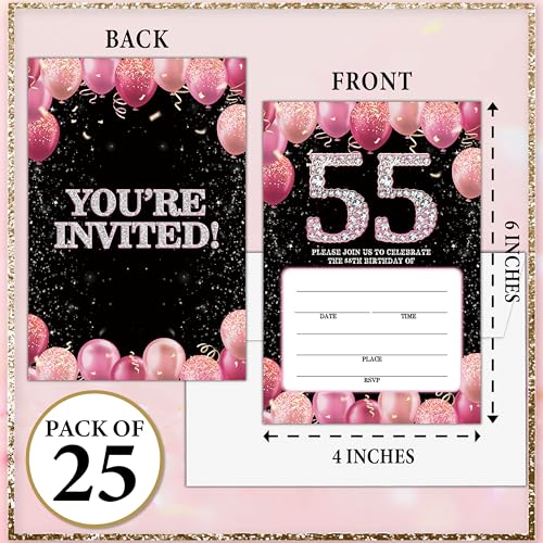 Birthday Invitations - 55th Bday Invites with Envelopes(25-Count) - Pink Balloon Glitter Fill-in Invite Cards for Party Supplies Favors Decorations - G03 - style: Pink Balloon 55th