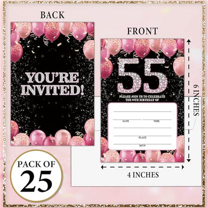 Birthday Invitations - 55th Bday Invites with Envelopes(25-Count) - Pink Balloon Glitter Fill-in Invite Cards for Party Supplies Favors Decorations - G03 - style: Pink Balloon 55th