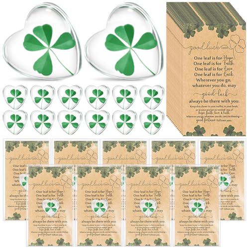 50 Sets Leaf Glass Token, Good Luck Charms Bulk with Irish Greeting Cards & Bags, Heart-shaped Leaf Keepsakes for Family Employee Friends Coworkers Holiday Gifts - style: Four-leaf Clover