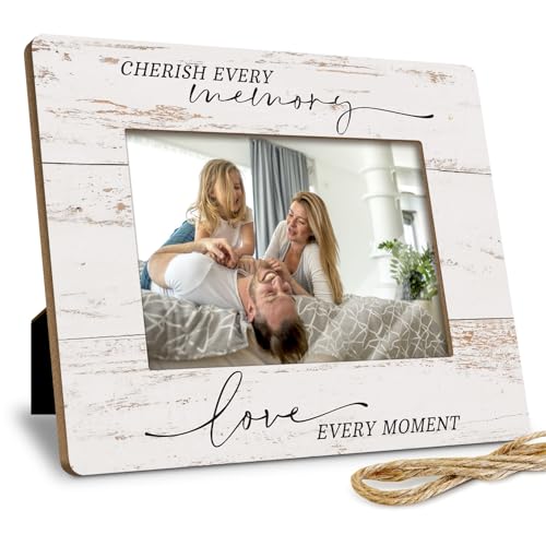 4x6 Wooden Picture Frame - Wall or Tabletop Display with 'Cherish Every Memory' Quote | Heartwarming Gifts for Parents & Grandparents (Living Room, Bedroom Home Decor)
