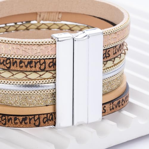 Tree of Life Inspirational Leather Wrap Bracelets Boho Western Cowgirl Cuff - color: Beige