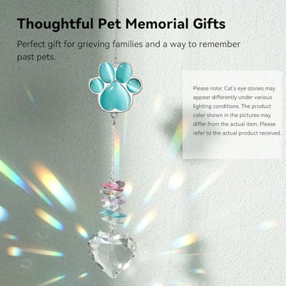 Dog Memorial Gifts for Loss of Dog, Pet Sympathy, Dog Memorial Suncatcher | Thoughtful Dogs and Cats Bereavement Remembrance Gifts, Natural Cat's Eye Paw Crystal Suncatcher - color: Peacock Blue
