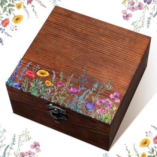 Gerrii Wedding Wooden Keepsake Box Wildflower Memory Box Wedding Baby Shower Decorative Storage Boxes with Buckle for Bridal Shower Birthday(Pastel Wildflower,Brown,7.68 x 7.68 x 3.94 Inches) - color: Brown, size: 7.68 x 7.68 x 3.94 Inches, style: Pastel