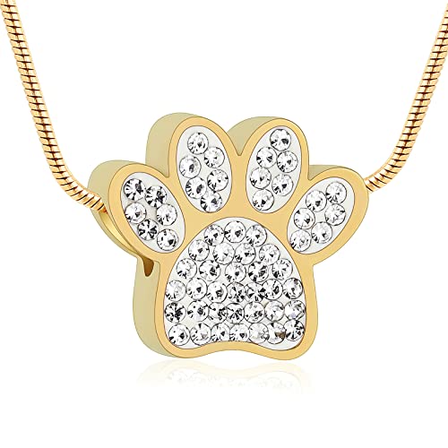 Paw Print Urn Necklace for Ashes Pet Paw Cremation Jewelry Ashes Necklace Keepsake Memorial Jewelry for Pet/Dog's/Cat's Ashes Pendant Gifts for Men/Women - color: Crystal-Gold