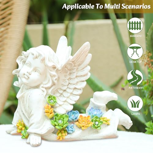 Garden Angels Outdoor Statue, Solar Cherub Baby Angel with Succulent | 7'' Resin Angel Statue with Warm Glow, Memorial Angel Figurines Gardening Gifts for Mother Grandma Yard Patio Lawn Decoration - style: Playful Cherub