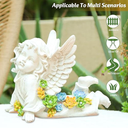 Garden Angels Outdoor Statue, Solar Cherub Baby Angel with Succulent | 7'' Resin Angel Statue with Warm Glow, Memorial Angel Figurines Gardening Gifts for Mother Grandma Yard Patio Lawn Decoration - style: Playful Cherub